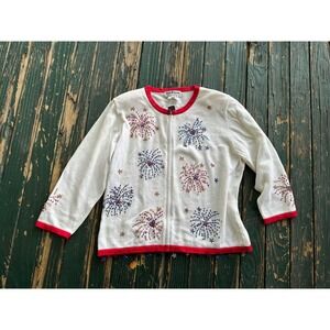 Jack B Quick Vintage Patriotic Fireworks Beaded Cardigan Sweater White Red Large